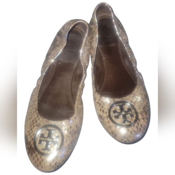 Tory Burch Heidi Reptile Mettalic Snakeskin Silver/Tan/ Ballet Flats 6 1/2 - Picture 7 of 10